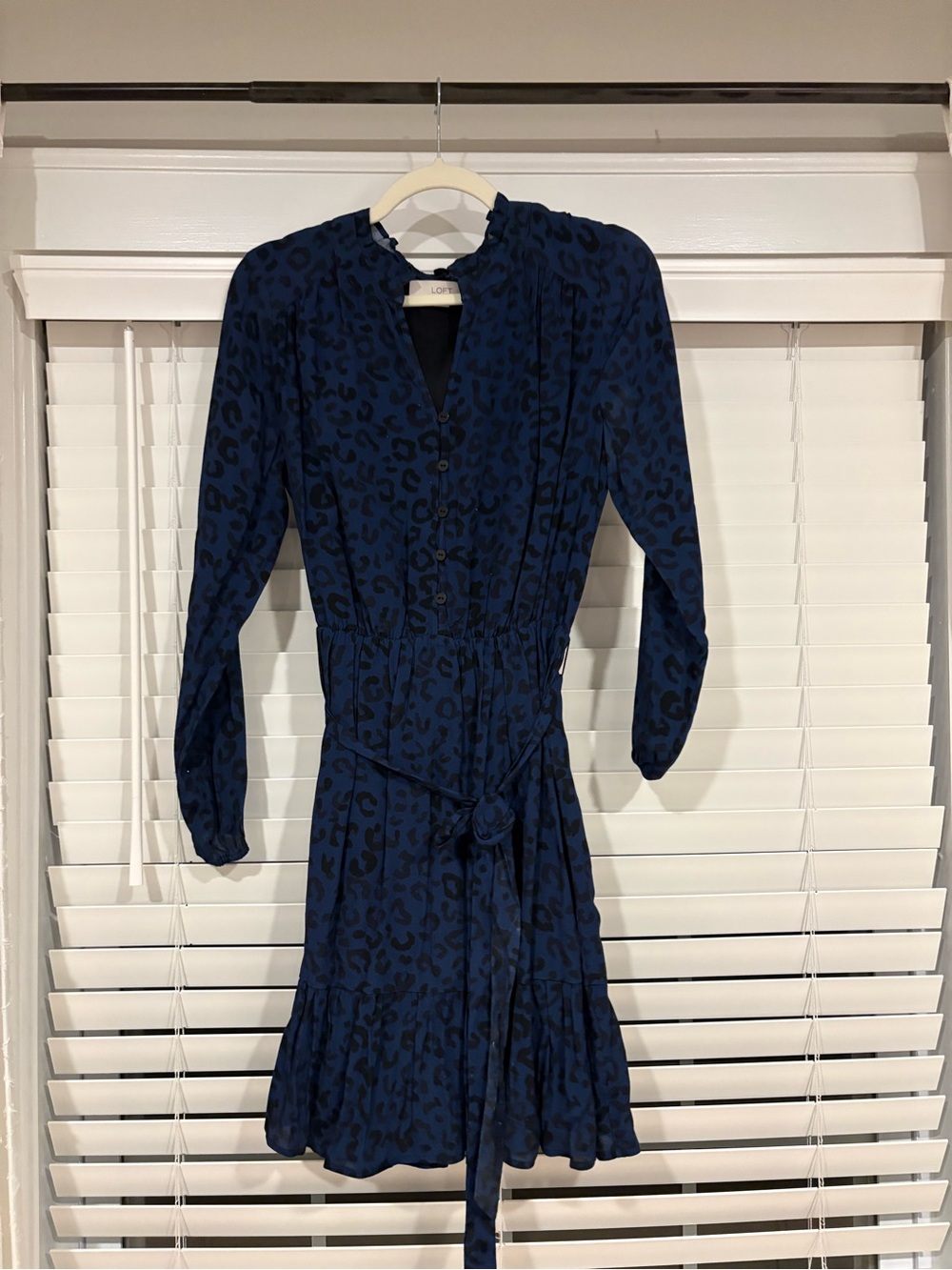 LOFT Navy Blue Animal-Print Long-Sleeve Tie-Waist Dress